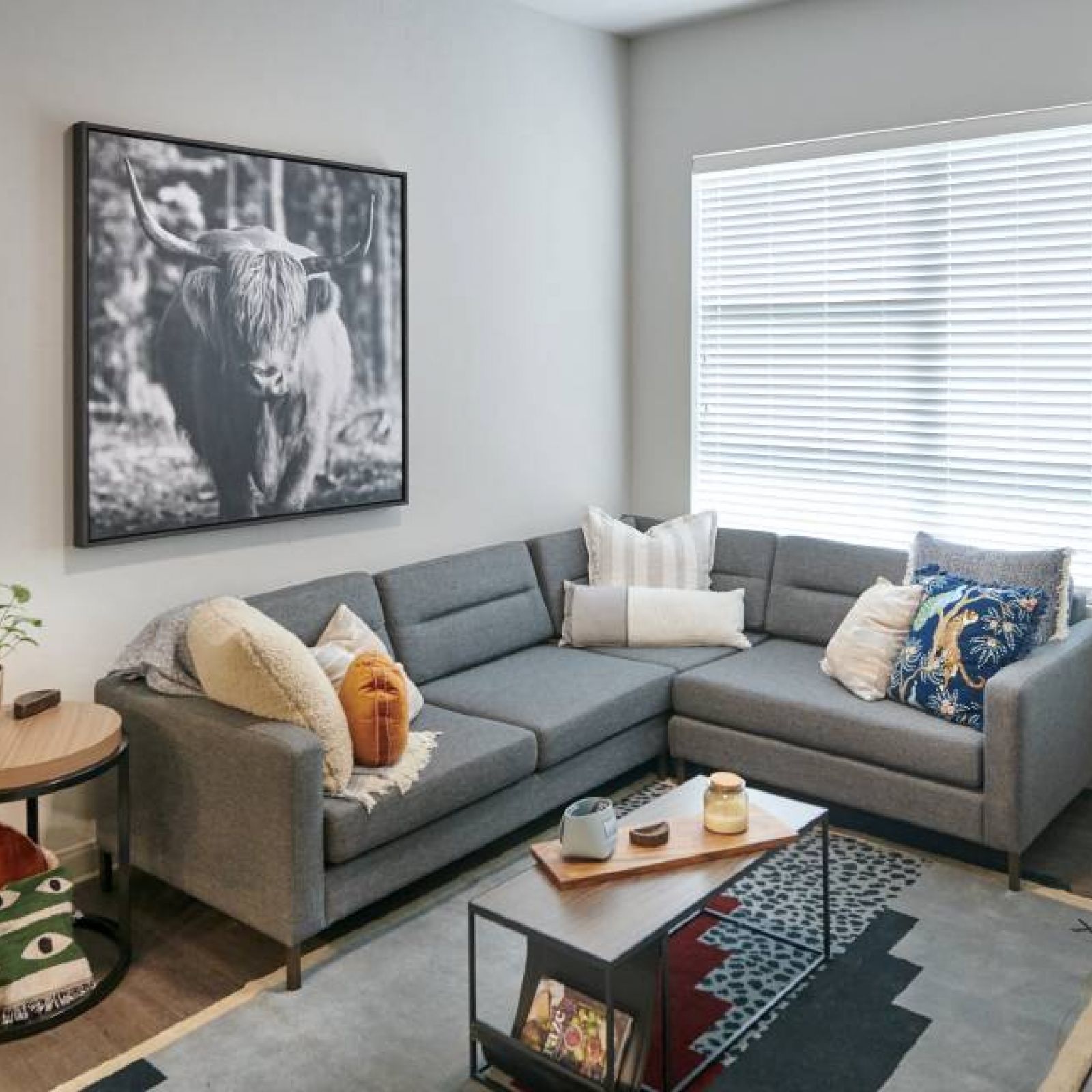 A cozy living room in VERVE Boise featuring a grey sectional sofa, a large framed bull print, and modern decor accents.