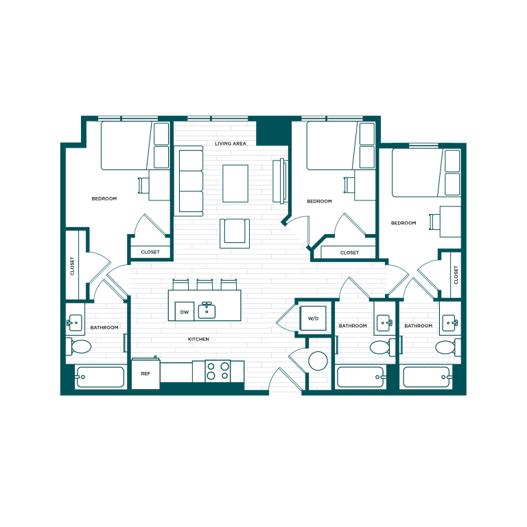 VERVE Boise C1, 3-bedroom student apartment floor plan