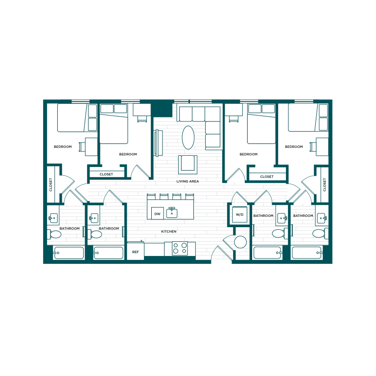 VERVE Boise D1, 4-bedroom student apartment floor plan