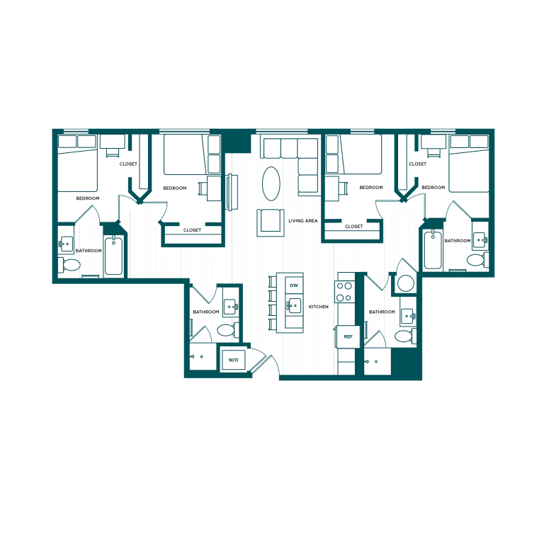 VERVE Boise D6, 4-bedroom student apartment floor plan