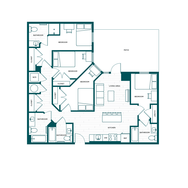 VERVE Boise D3 Patio, 4-bedroom student apartment floor plan