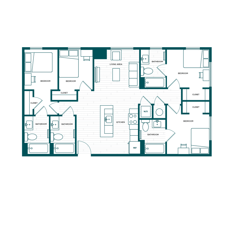 VERVE Boise D7, 4-bedroom student apartment floor plan