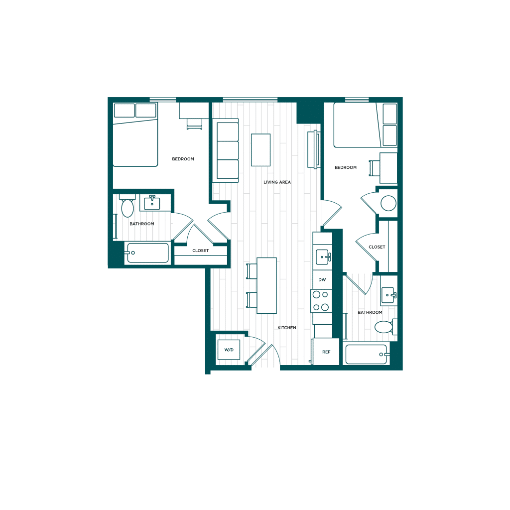 A 3D image of the 2BR/2BA – B1 floorplan, a 805 squarefoot, 2 bed / 2 bath unit