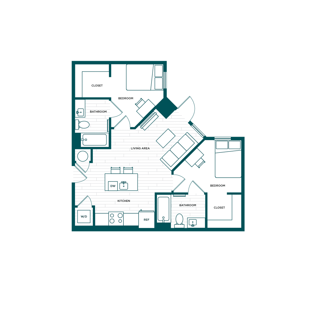 A 3D image of the 2BR/2BA – B2 floorplan, a 767 squarefoot, 2 bed / 2 bath unit