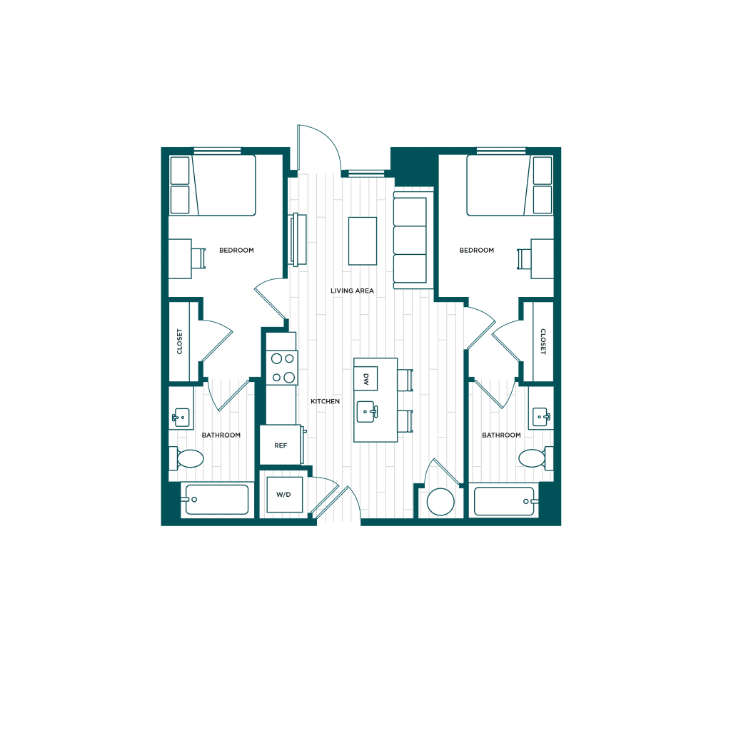 A 3D image of the 2BR/2BA – B3 floorplan, a 724 squarefoot, 2 bed / 2 bath unit