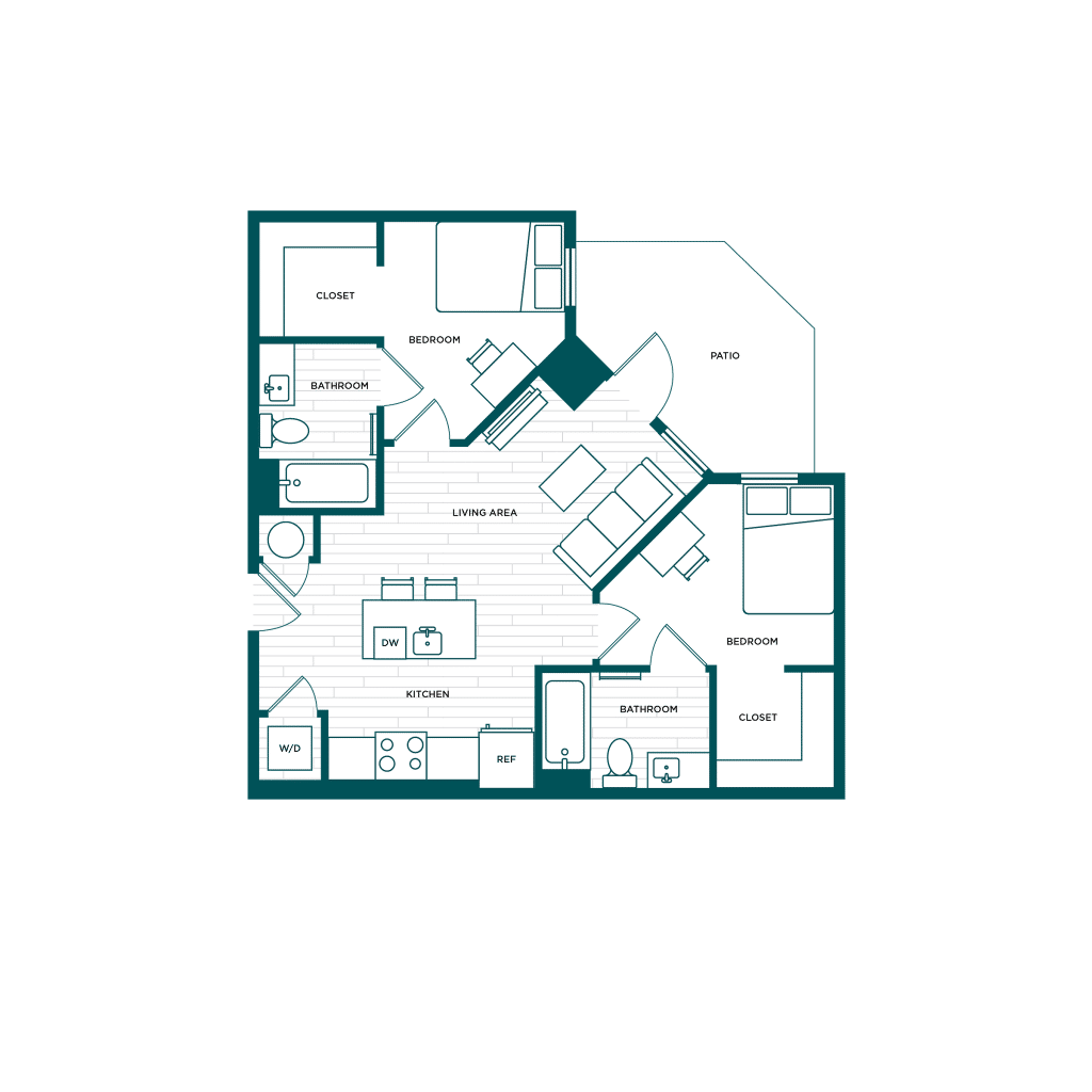 A 3D image of the 2BR/2BA – B2 Patio floorplan, a 767 squarefoot, 2 bed / 2 bath unit