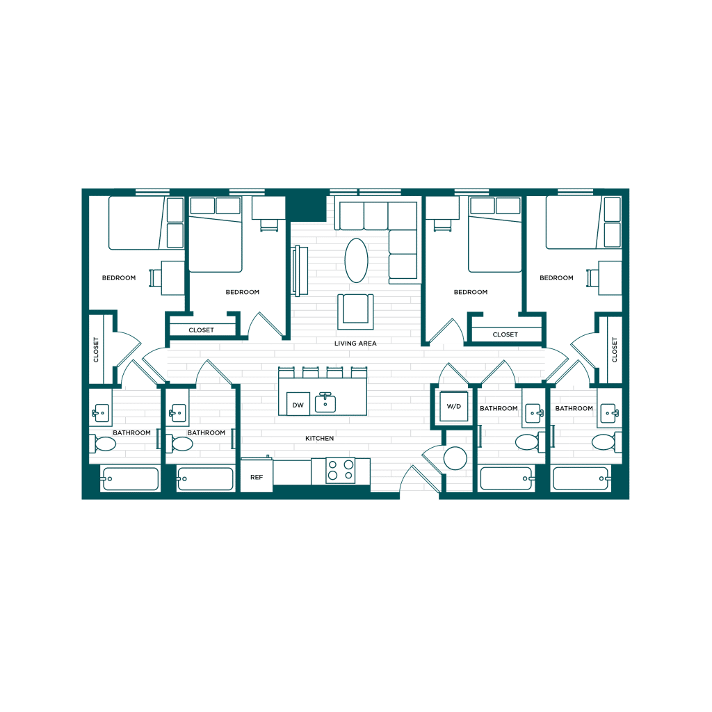 A 3D image of the 4BR/4BA – D1 floorplan, a 1224 squarefoot, 4 bed / 4 bath unit