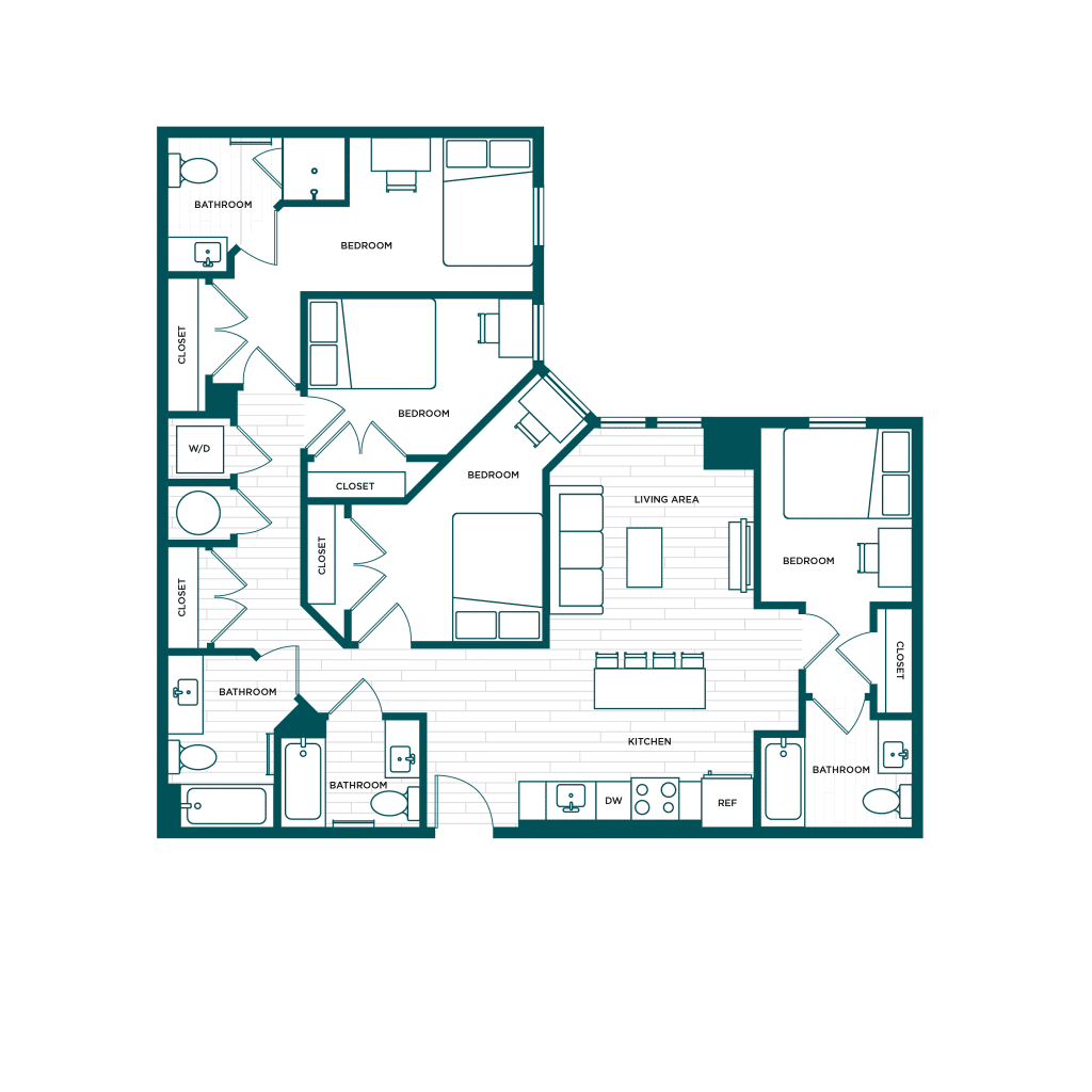 A 3D image of the 4BR/4BA – D3 floorplan, a 1312 squarefoot, 4 bed / 4 bath unit