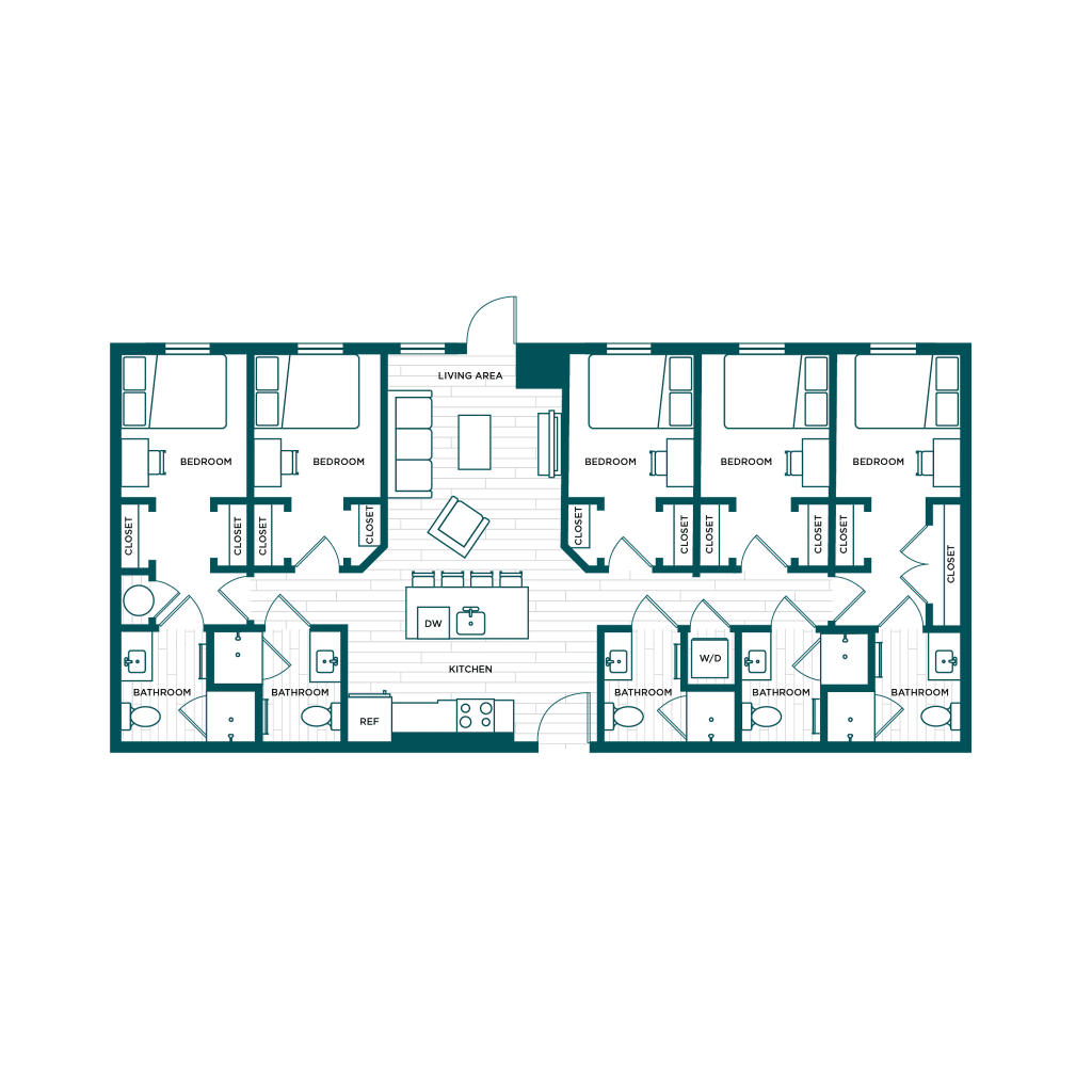 A 3D image of the 5BR/5BA – E1 floorplan, a 1469 squarefoot, 5 bed / 5 bath unit