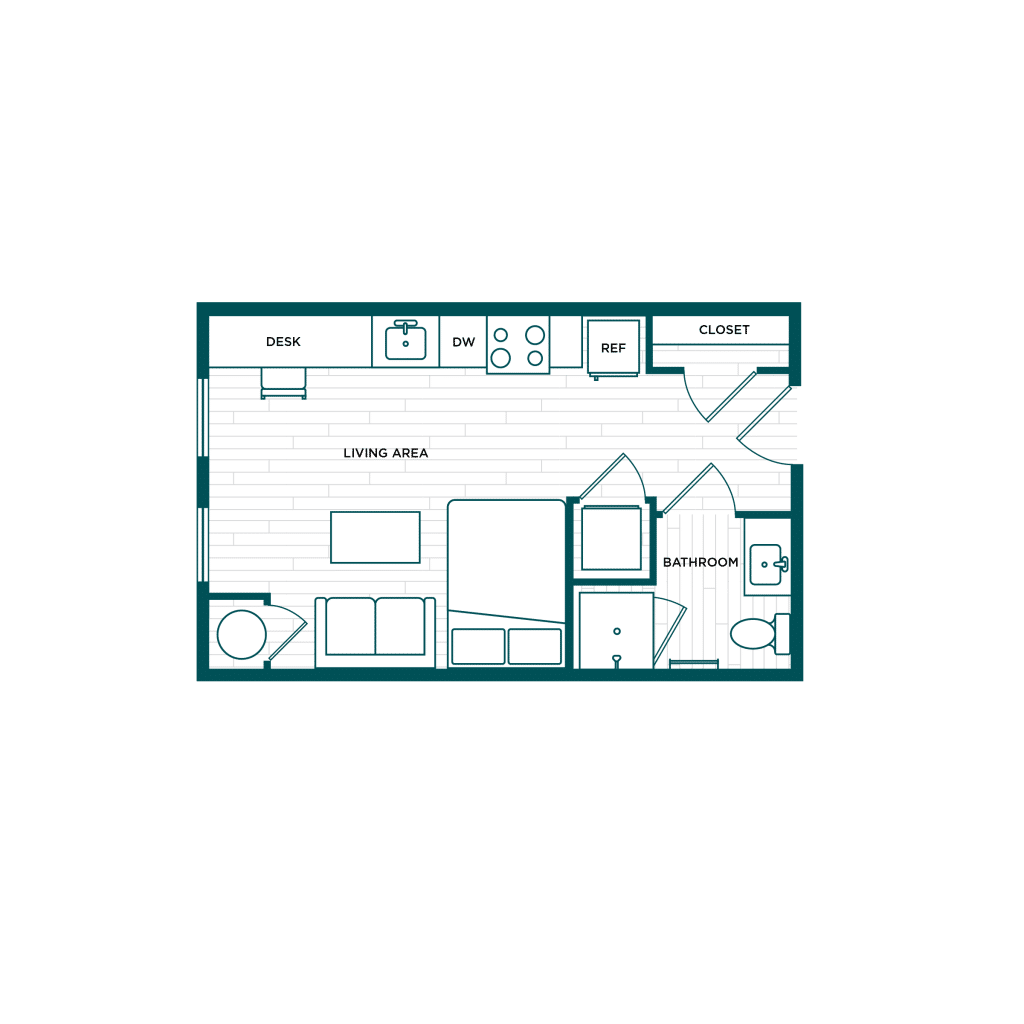 A 3D image of the Studio – S1 floorplan, a 373 squarefoot, 0 bed / 1 bath unit