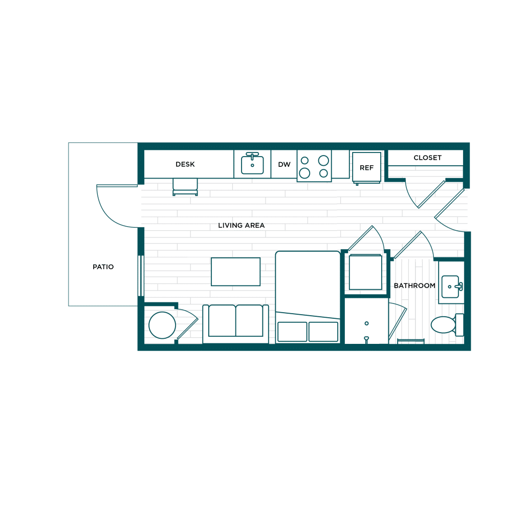 A 3D image of the Studio – S1a floorplan, a 379 squarefoot, 0 bed / 1 bath unit