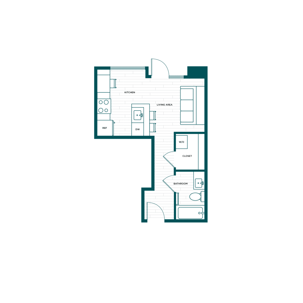 A 3D image of the Studio – S2 floorplan, a 399 squarefoot, 0 bed / 1 bath unit