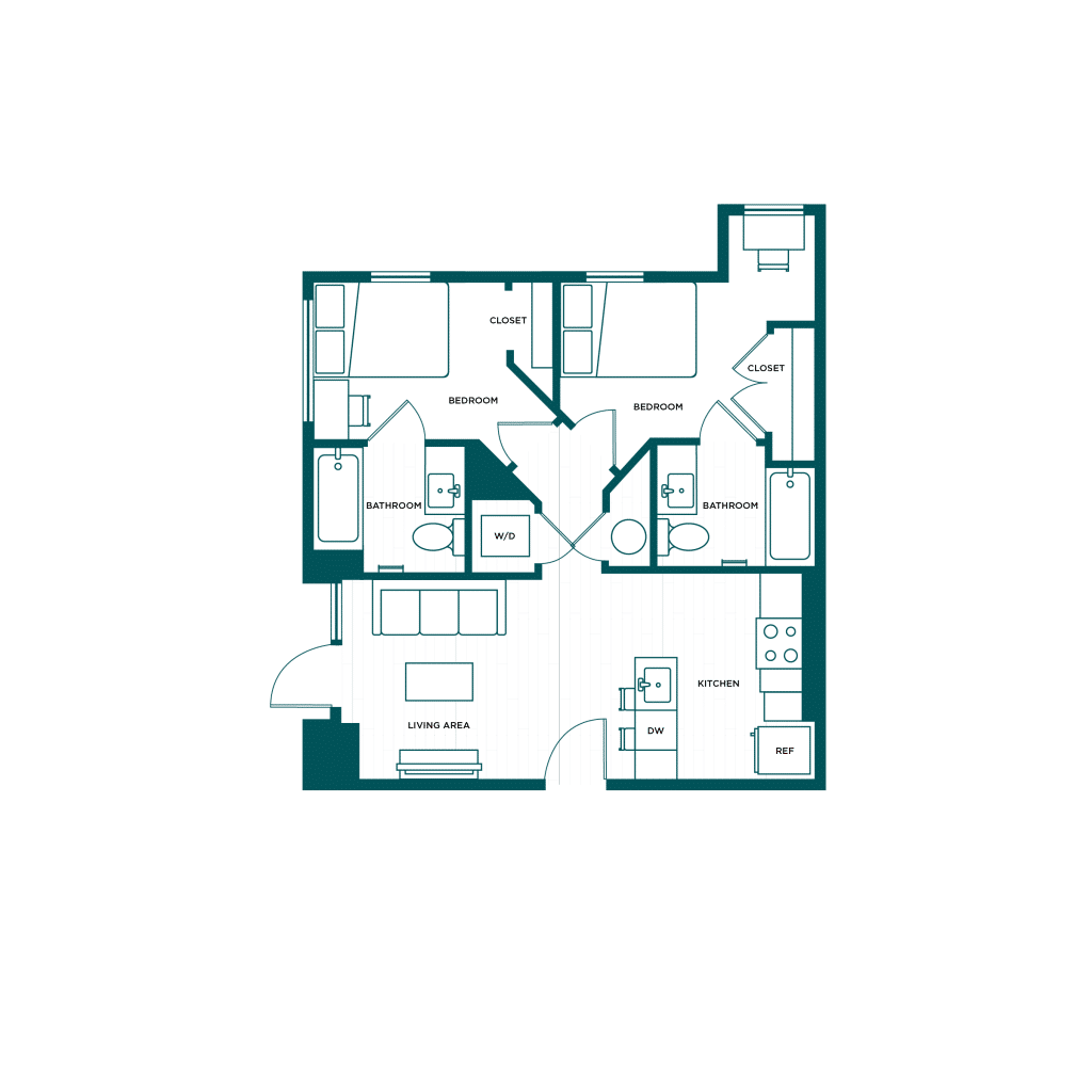 A 3D image of the 2BR/2BA – B4 floorplan, a 703 squarefoot, 2 bed / 2 bath unit