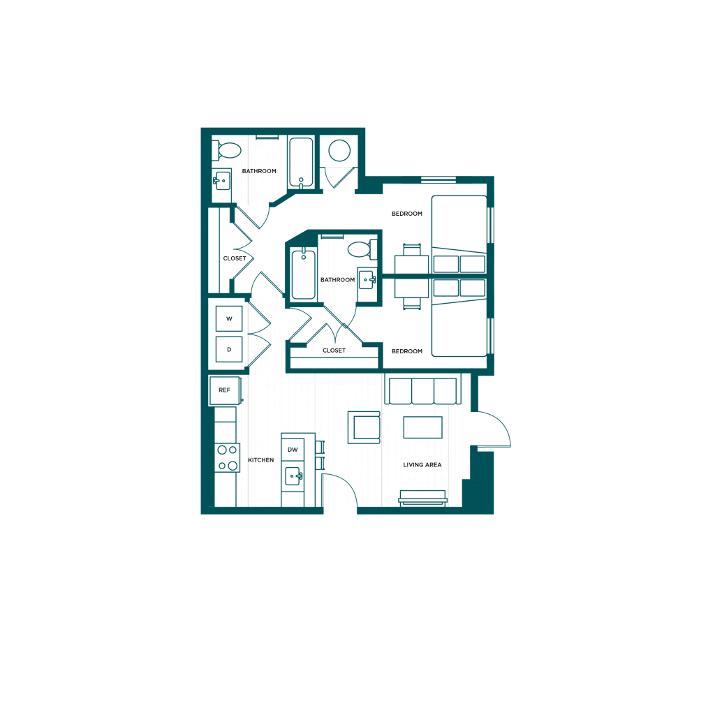 A 3D image of the 2BR/2BA – B5a floorplan, a 856 squarefoot, 2 bed / 2 bath unit