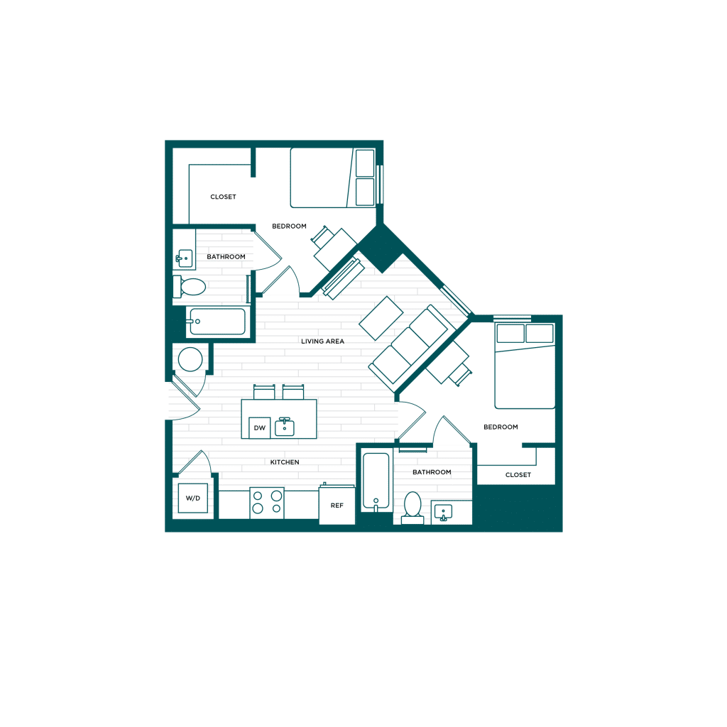 A 3D image of the 2BR/2BA – B2.1 floorplan, a 744 squarefoot, 2 bed / 2 bath unit