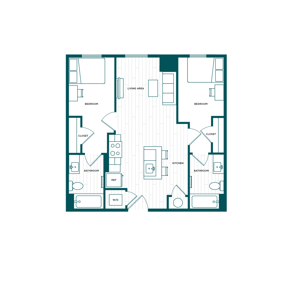 A 3D image of the 2BR/2BA – B3.3 floorplan, a 735 squarefoot, 2 bed / 2 bath unit