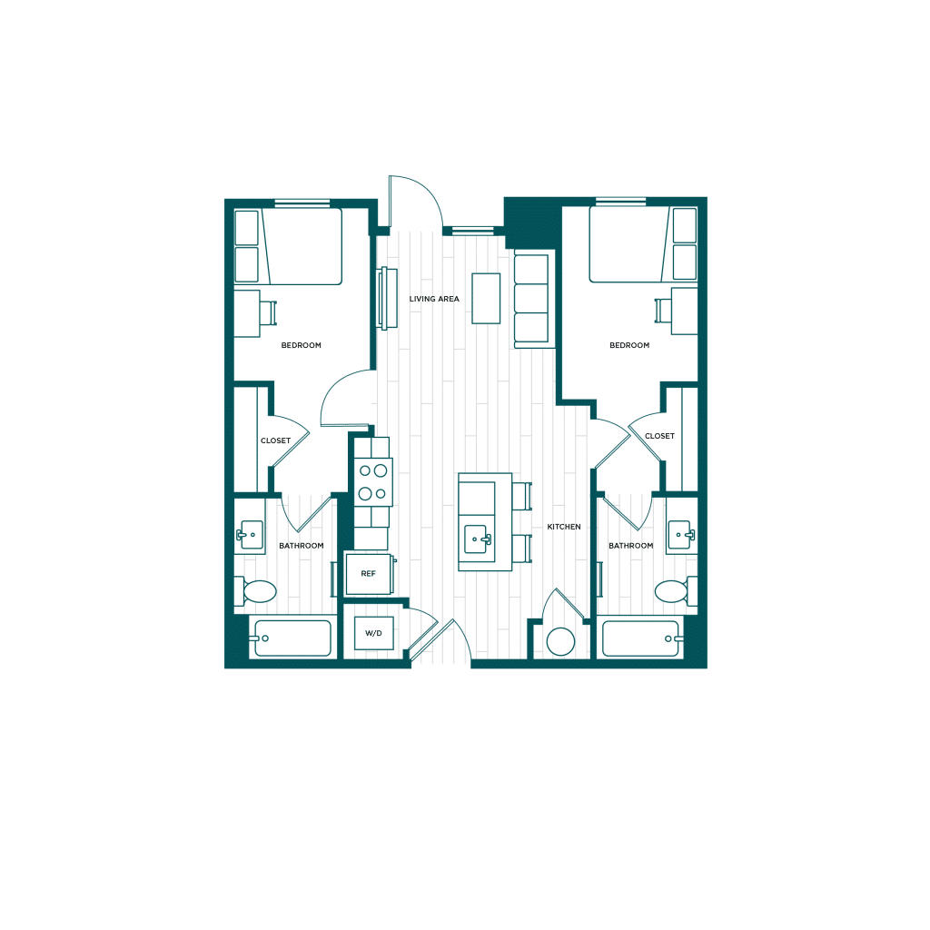 A 3D image of the 2BR/2BA – B3.1 floorplan, a 766 squarefoot, 2 bed / 2 bath unit