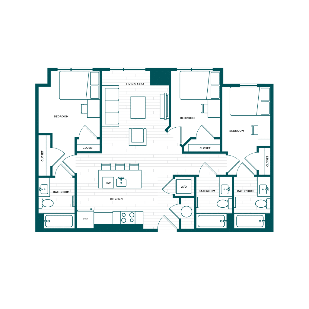 A 3D image of the 3BR/3BA – C1 floorplan, a 1065 squarefoot, 3 bed / 3 bath unit