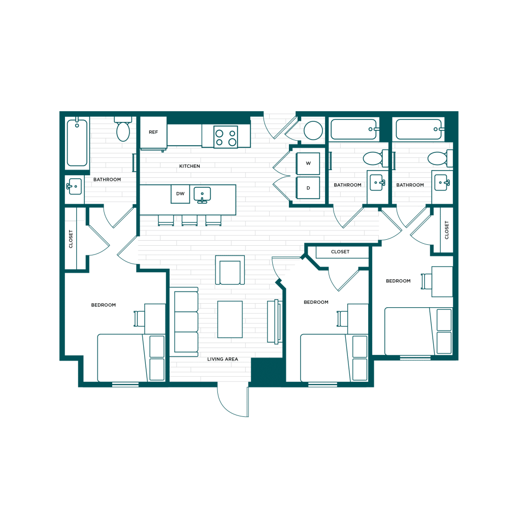 A 3D image of the 3BR/3BA – C1a floorplan, a 1065 squarefoot, 3 bed / 3 bath unit