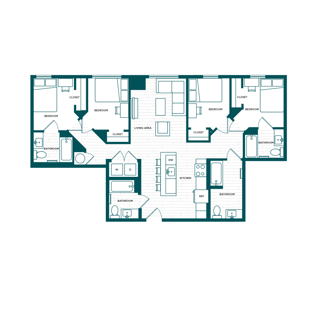 A 3D image of the 4BR/4BA – D6a floorplan, a 1237 squarefoot, 4 bed / 4 bath unit