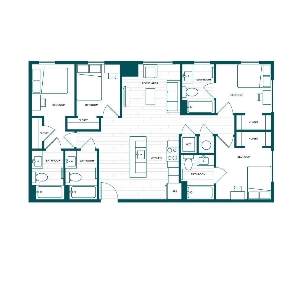 A 3D image of the 4BR/4BA – D7 floorplan, a 1213 squarefoot, 4 bed / 4 bath unit