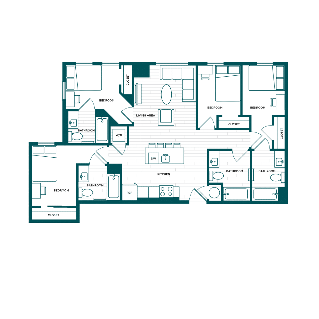 A 3D image of the 4BR/4BA – D5 floorplan, a 1219 squarefoot, 4 bed / 4 bath unit