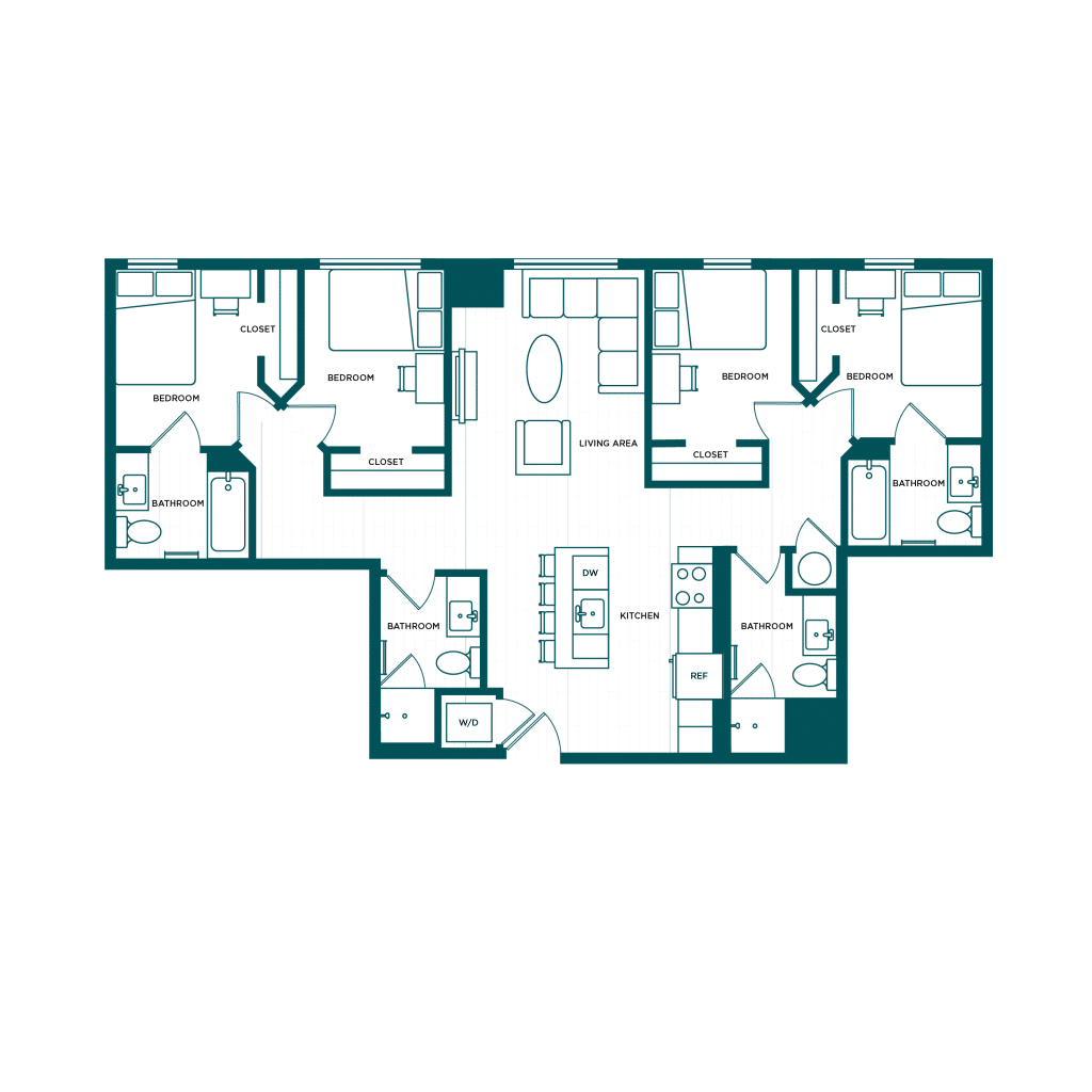 A 3D image of the 4BR/4BA – D6 floorplan, a 1237 squarefoot, 4 bed / 4 bath unit