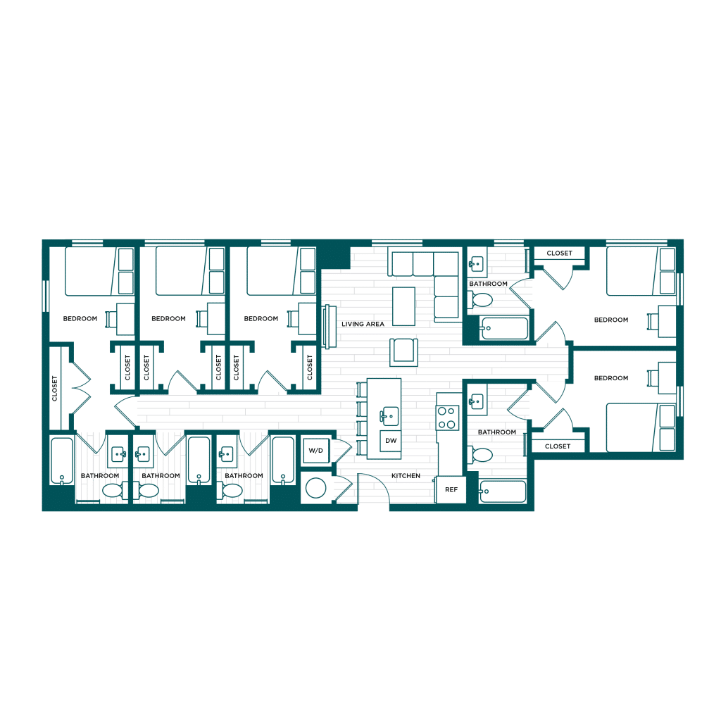 A 3D image of the 5BR/5BA – E3 floorplan, a 1585 squarefoot, 5 bed / 5 bath unit