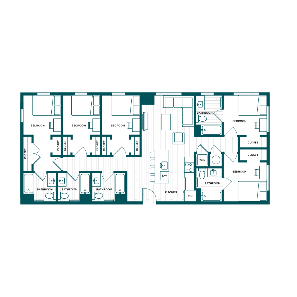 A 3D image of the 5BR/5BA – E2 floorplan, a 1575 squarefoot, 5 bed / 5 bath unit