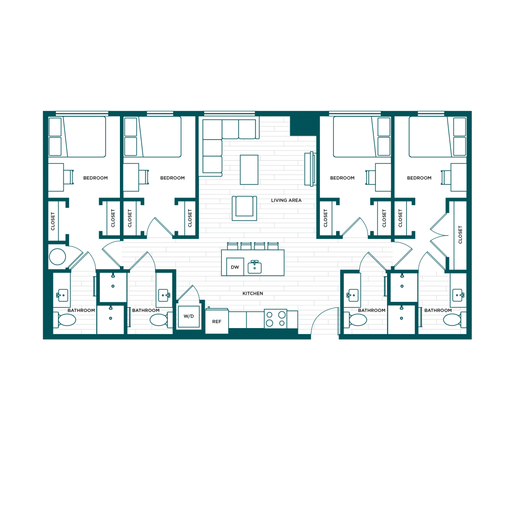 A 3D image of the 4BR/4BA – D2 floorplan, a 1223 squarefoot, 4 bed / 4 bath unit