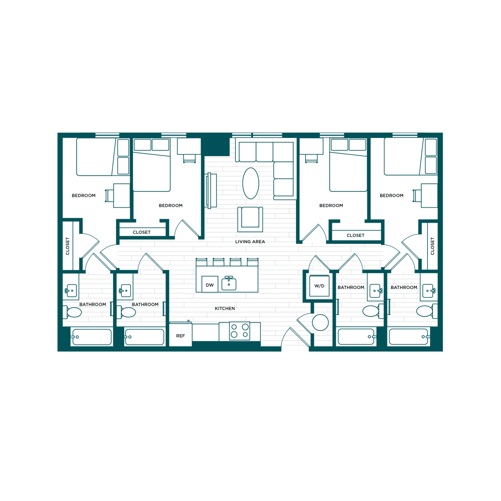 A 3D image of the 4BR/4BA – D4 floorplan, a 1310 squarefoot, 4 bed / 4 bath unit