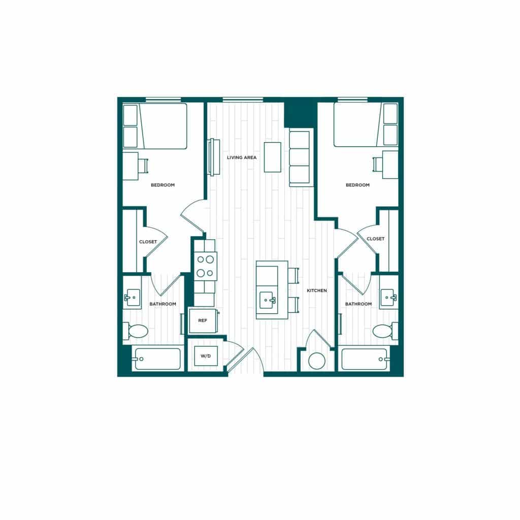 A 3D image of the 2BR/2BA – B3.4 floorplan, a 776 squarefoot, 2 bed / 2 bath unit