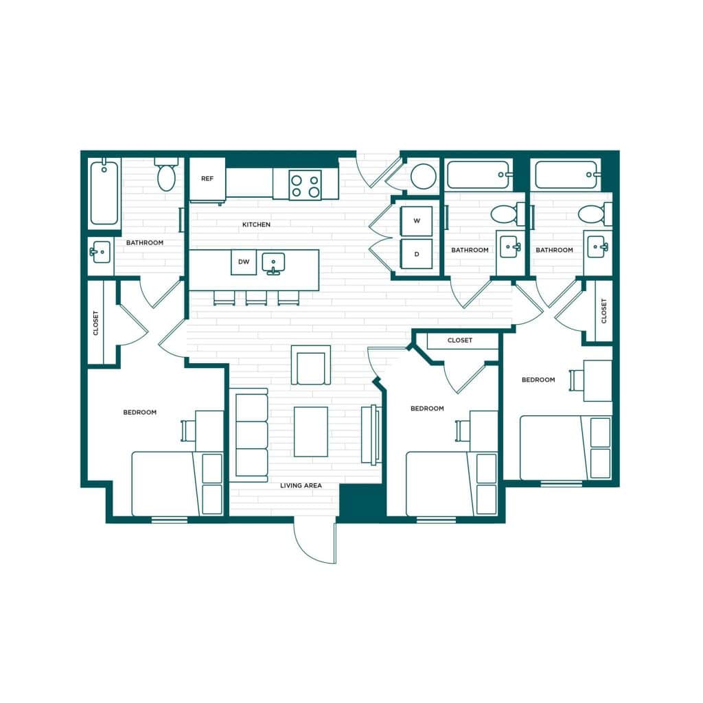 A 3D image of the 3BR/3BA – C1a floorplan, a 1065 squarefoot, 3 bed / 3 bath unit